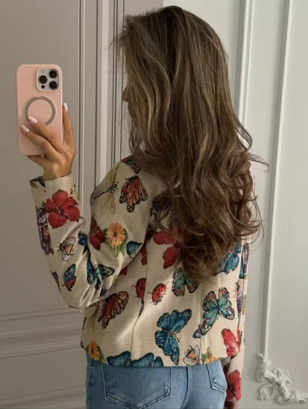 Butterfly Floral Print Cropped Jacket Women Stand Collar Gold Button Long Sleeve - Picture 7 of 7